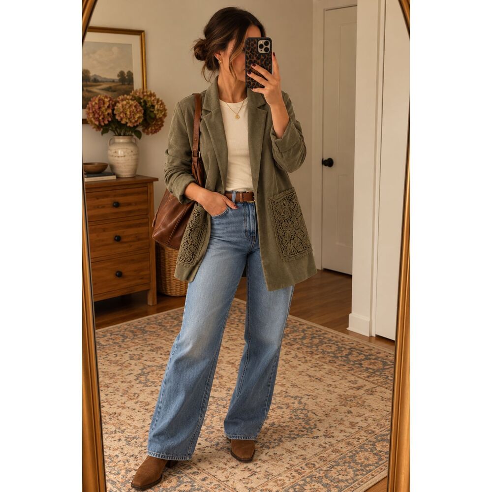 Solitaire Olive Faux Suede Longline Blazer Jacket Crochet Pockets L